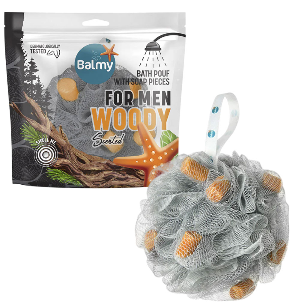 Bath Pouf For Men With Woody Scented Soap Pieces