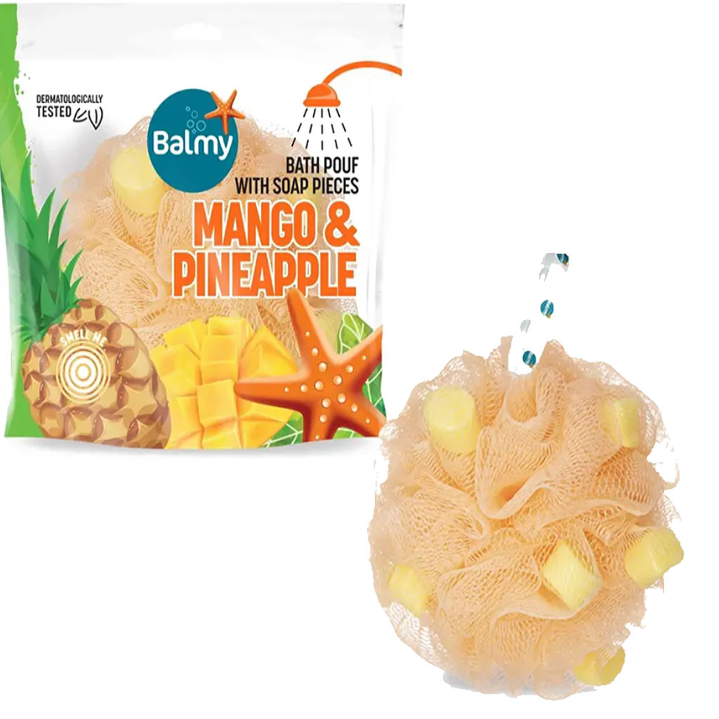 Bath Pouf With Mango And Pineapple Soap Pieces